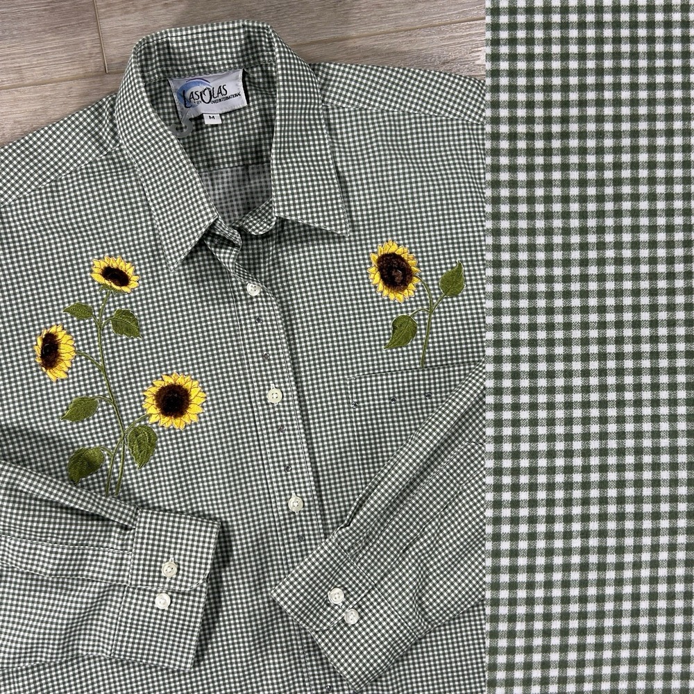 Las Olas Women's Medium Sunflower Embroidery Green Gingham Bling Button Up